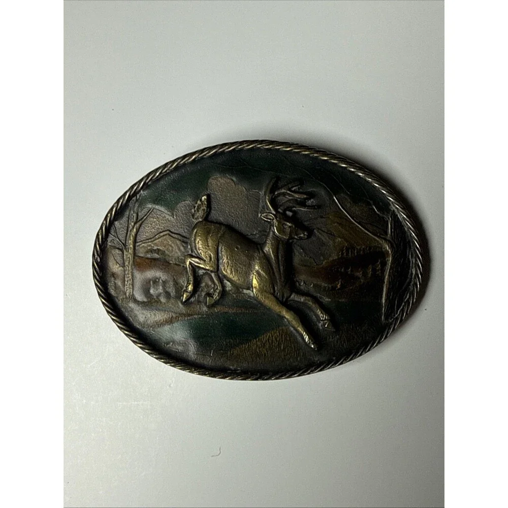 The Great American Buckle Co Vintage Enamel Leaping Buck Deer Belt Buckle 1980